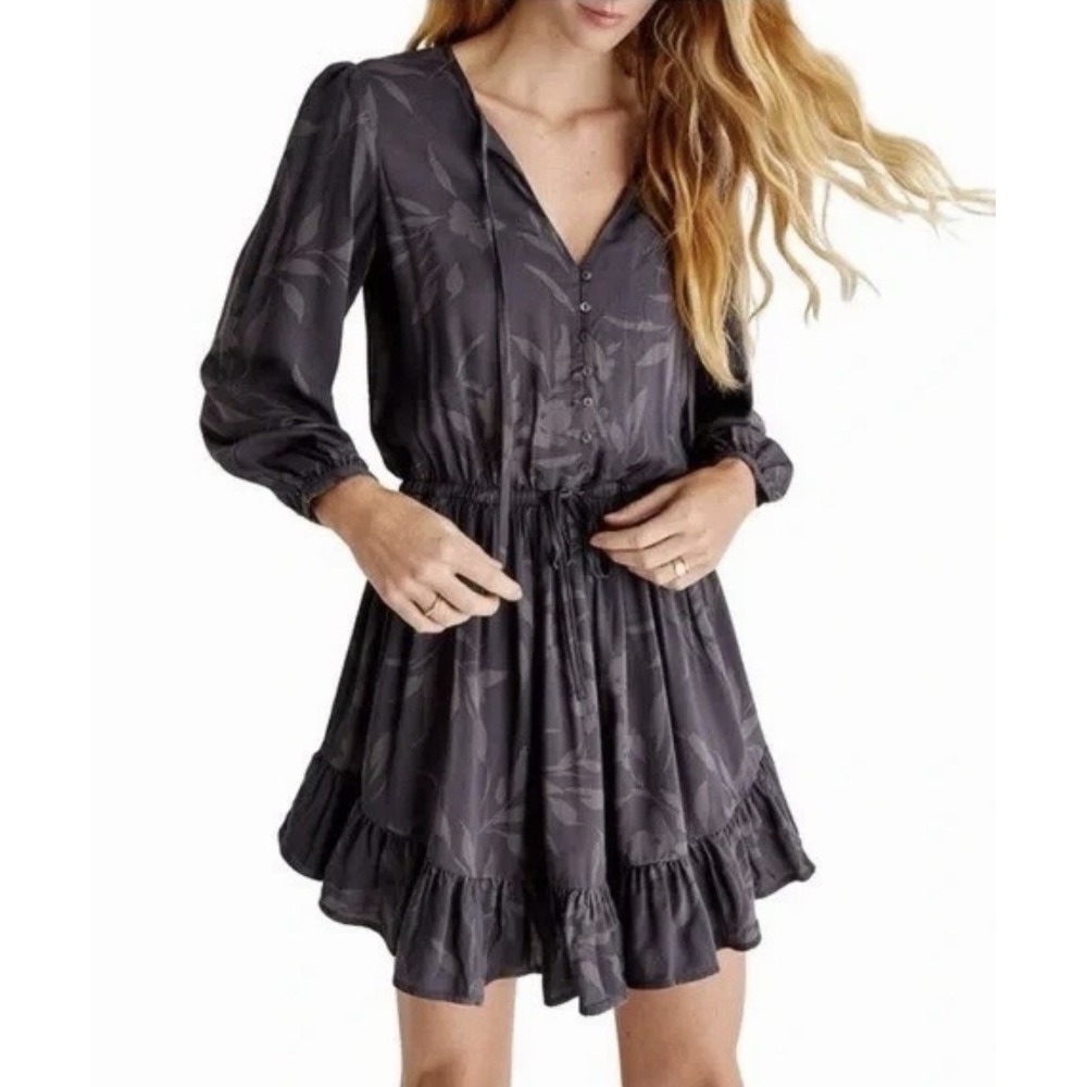 Z SUPPLY Camila Sz L Long Sleeve Ruffle Mini Dress Black Floral Tie Neck Boho